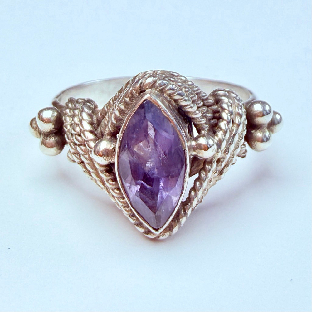 Amethyst .75 CT Solitaire Rope & Granule Sterling Silver 925 Vintage Boho Ring